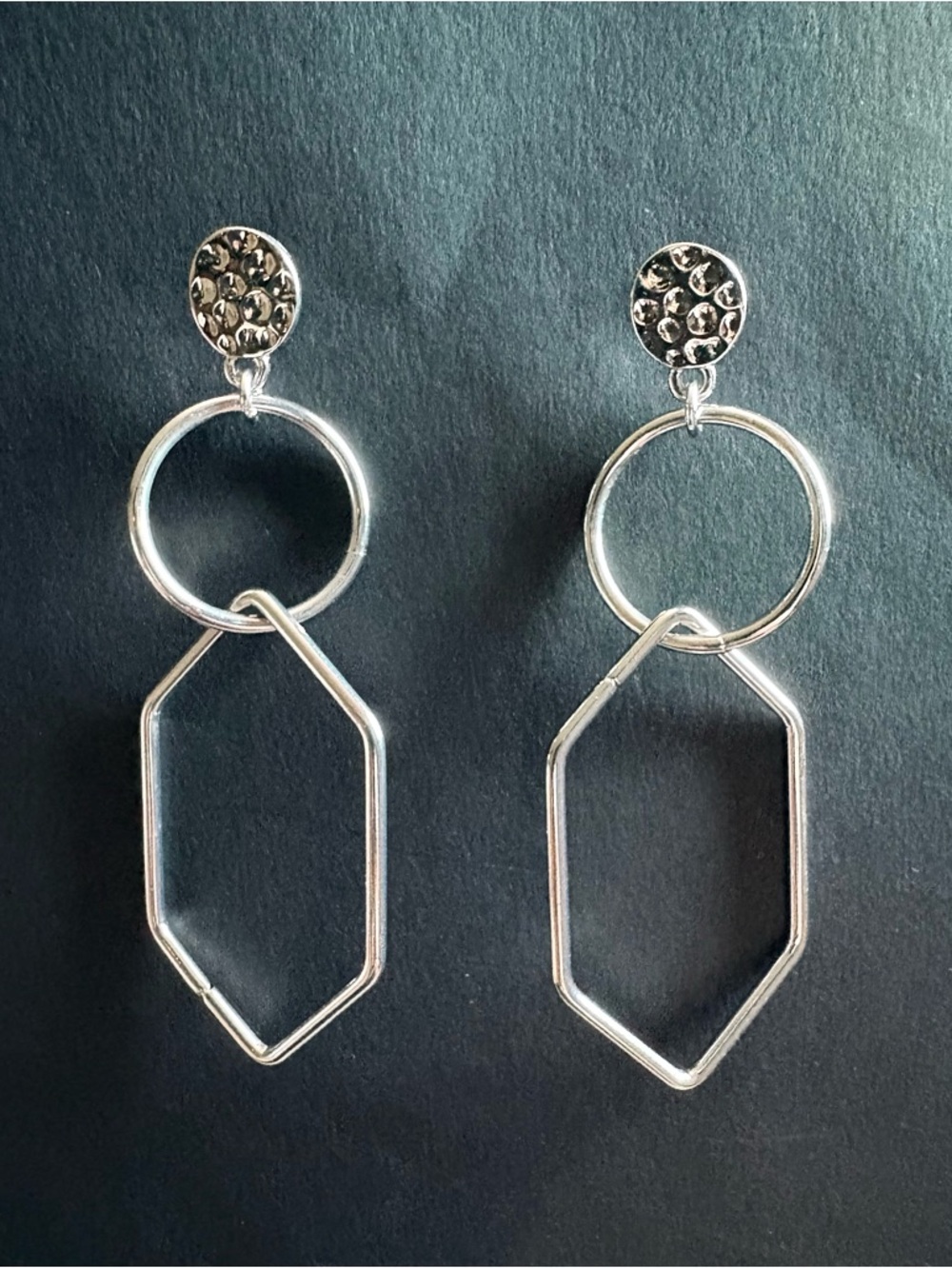 Silver Dual Textured Geometric Drop Earrings  LIKE NEW